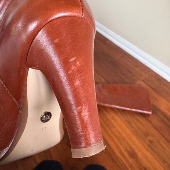 Zara Knee High Mid Height Brown Leather Heeled Boots - Picture 7 of 9